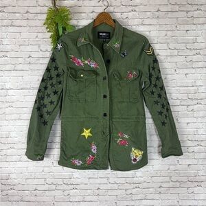 William Rast Olive Green Fatigue Floral Embroidered Patch Cargo Jackete